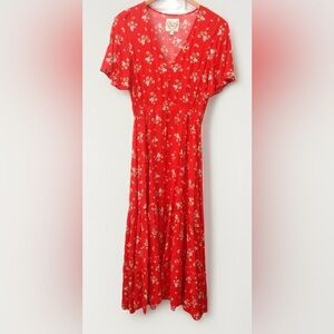 Anthropologie Sunday Mi Amor XS Red Floral V Neck long dress Extra small EUC